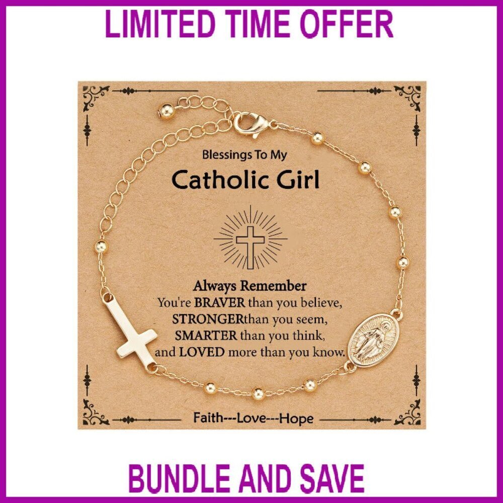 Virgin Mary Cross Charm Bracelet 14K Gold Plated 6" Length
